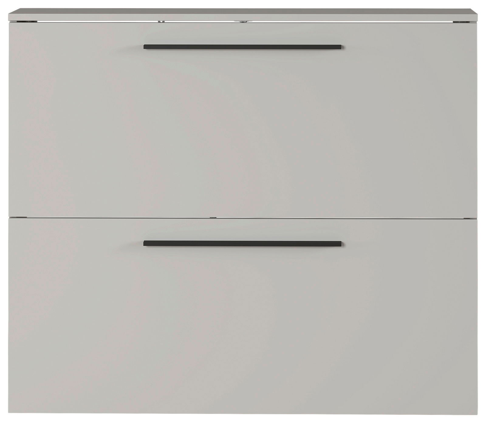 Moderner Schuhschrank in grauer Farbe mit zwei Klappen und schwarzen Griffen, Frontalansicht.