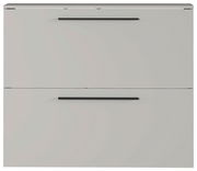 Moderner Schuhschrank in grauer Farbe mit zwei Klappen und schwarzen Griffen, Frontalansicht.