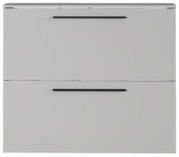 Moderner Schuhschrank in grauer Farbe mit zwei Klappen und schwarzen Griffen, Frontalansicht.