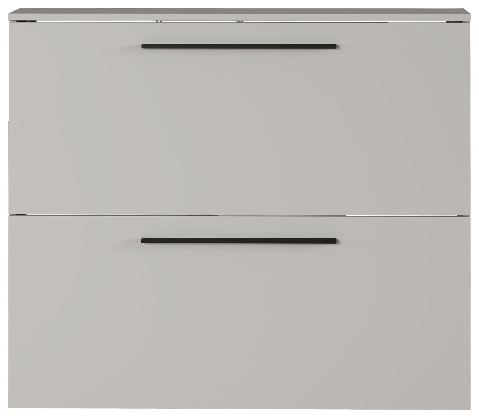 Moderner Schuhschrank in grauer Farbe mit zwei Klappen und schwarzen Griffen, Frontalansicht.