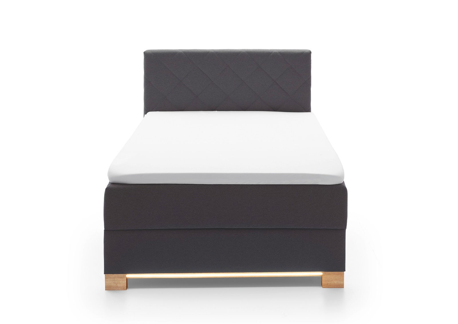 Frontale Ansicht eines modernen Boxspringbetts mit grauem Kopfteil und weißer Matratze.