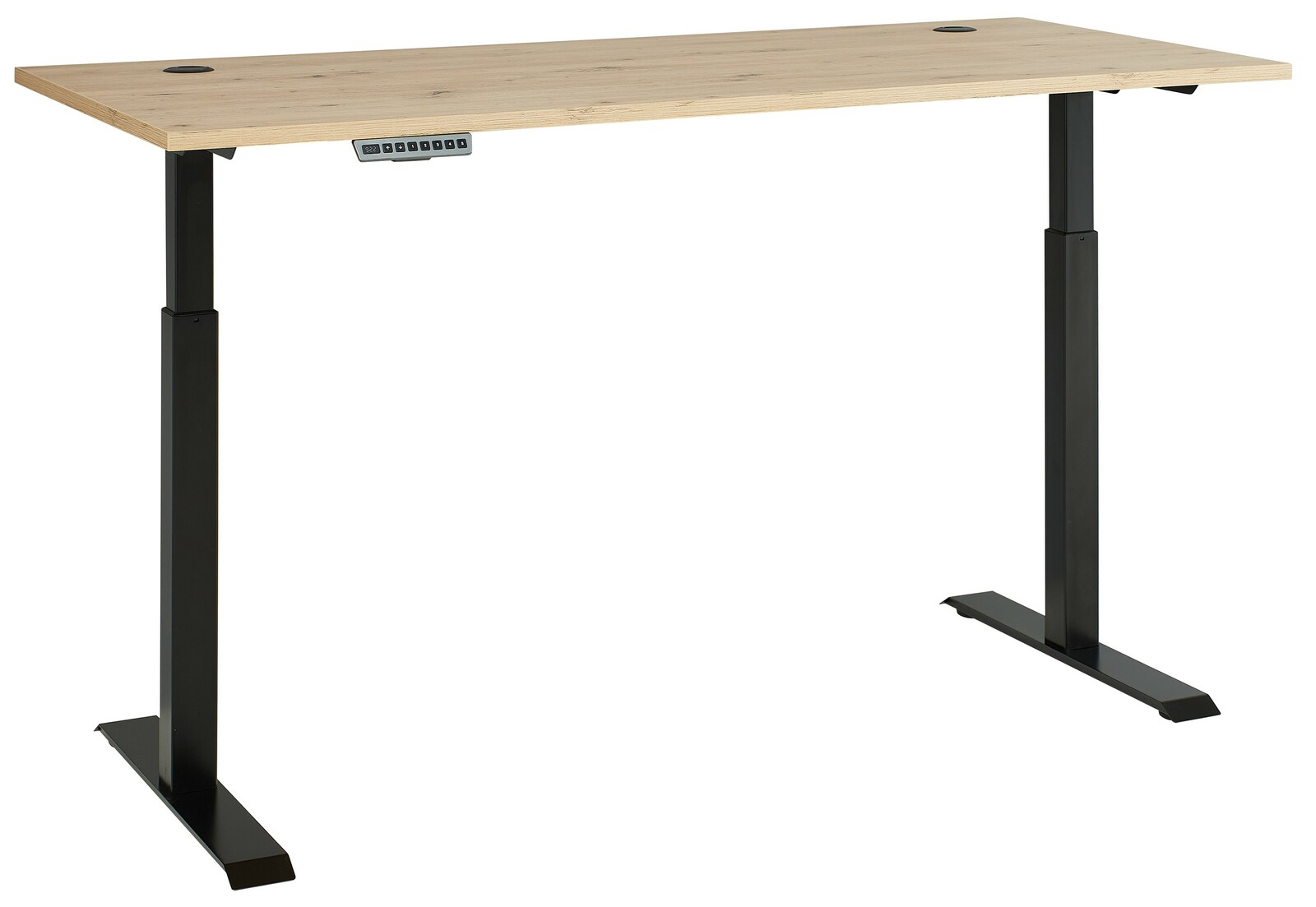 Moderner höhenverstellbarer Schreibtisch mit Holzplatte und schwarzen Metallbeinen, seitliche Perspektive.