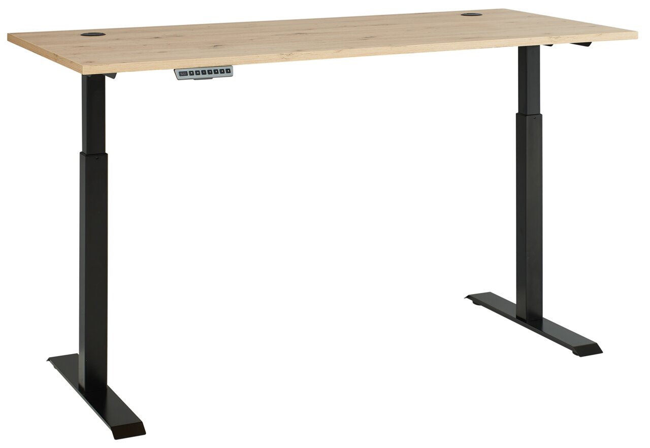 Moderner höhenverstellbarer Schreibtisch mit Holzplatte und schwarzen Metallbeinen, seitliche Perspektive.