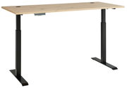 Moderner höhenverstellbarer Schreibtisch mit Holzplatte und schwarzen Metallbeinen, seitliche Perspektive.