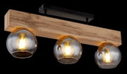 Moderne Deckenleuchte mit drei Glaskugeln und Holzdetails, seitliche Perspektive