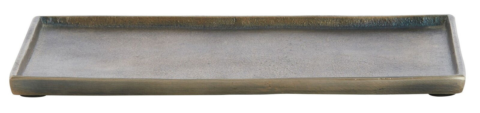 Rechteckige, flache Schale aus Holz mit leicht erhöhtem Rand, aus der Frontalperspektive fotografiert.