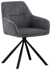 Grauer Armlehnstuhl mit geripptem Stoffbezug und schwarzem Metallgestell, seitliche Perspektive