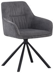 Grauer Armlehnstuhl mit geripptem Stoffbezug und schwarzem Metallgestell, seitliche Perspektive