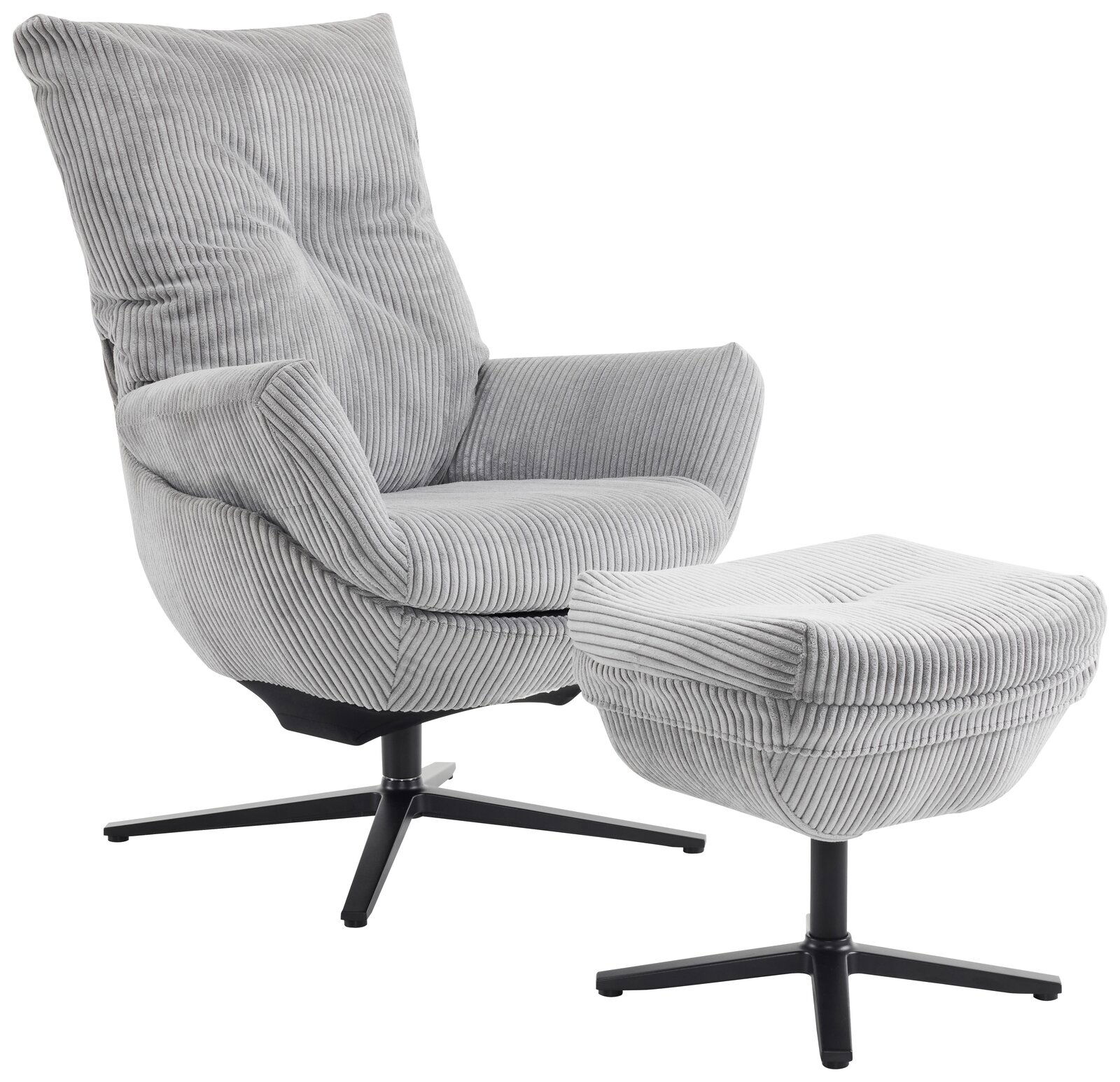 Grauer Relaxsessel mit passendem Fußhocker, gerippter Cord-Optik und schwarzem Drehkreuzgestell, freigestellt in schräger Vorderansicht