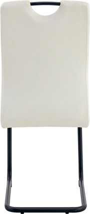 Rückansicht eines gepolsterten Stuhls in Cremeweiß mit schwarzem Metall-Schwinggestell und Griffaussparung oben