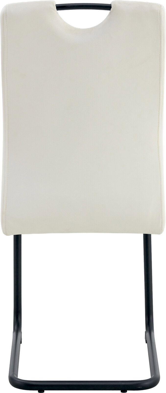 Rückansicht eines gepolsterten Stuhls in Cremeweiß mit schwarzem Metall-Schwinggestell und Griffaussparung oben