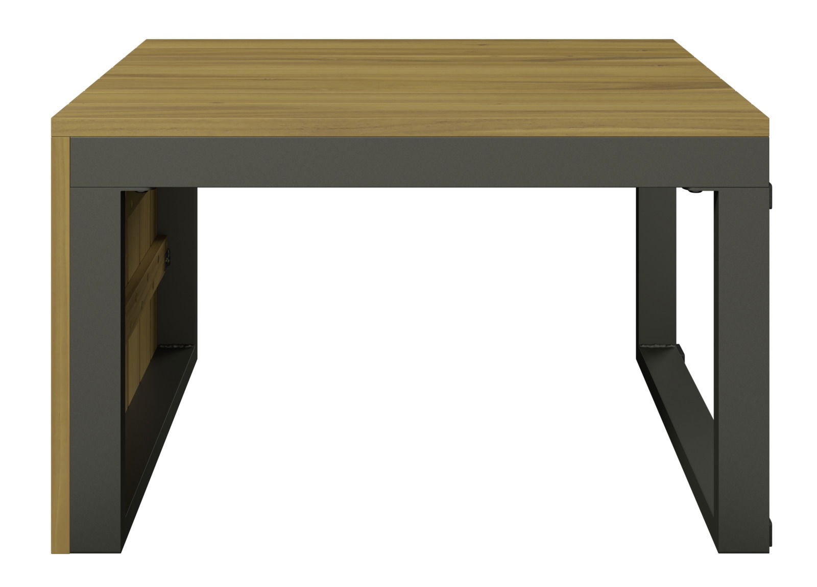 Moderner Tisch mit Holzplatte und Metallrahmen, seitliche Perspektive