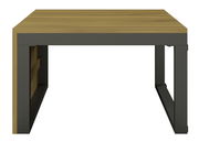 Moderner Tisch mit Holzplatte und Metallrahmen, seitliche Perspektive