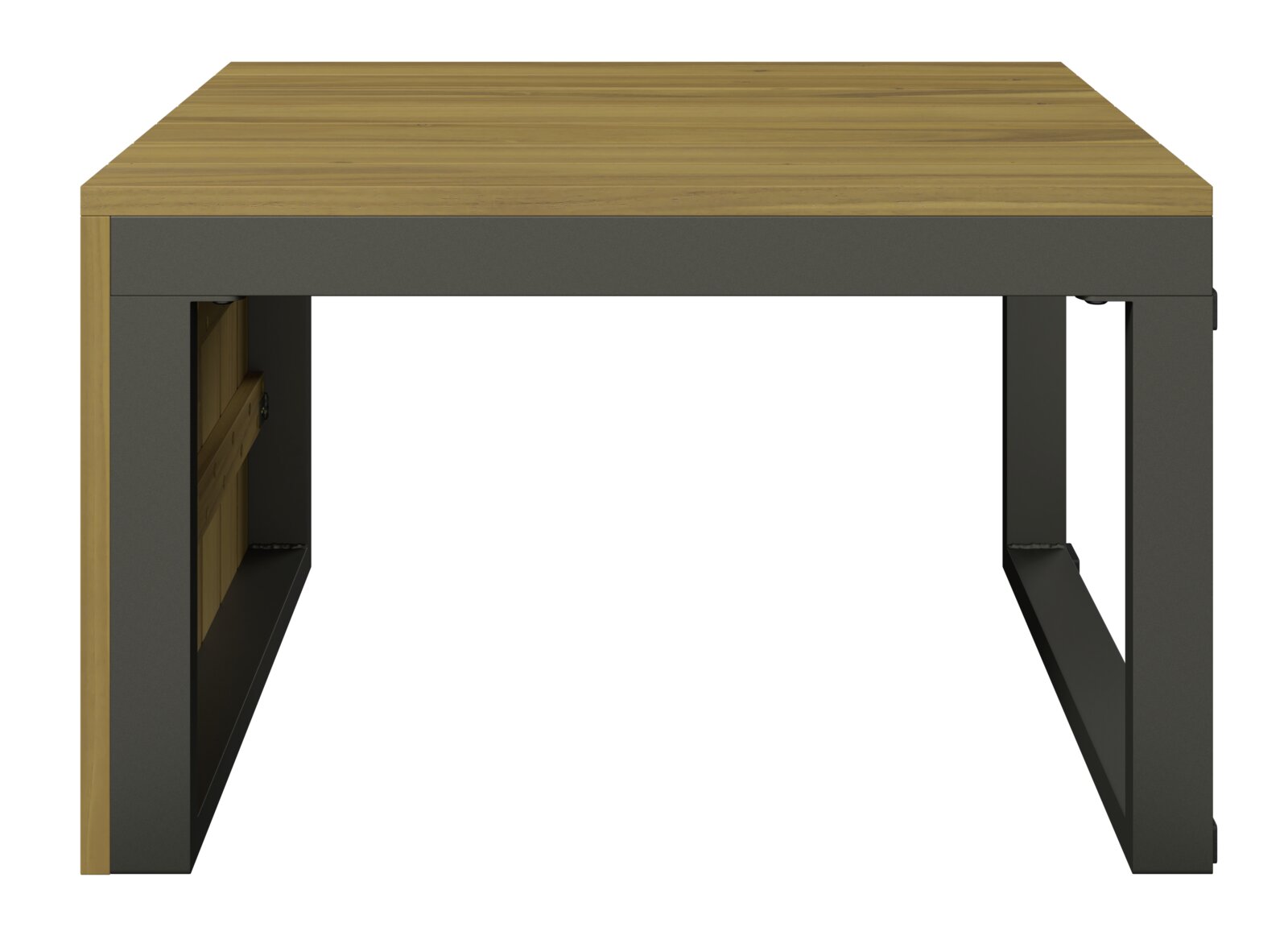 Moderne tafel met houten blad en metalen frame, zijaanzicht