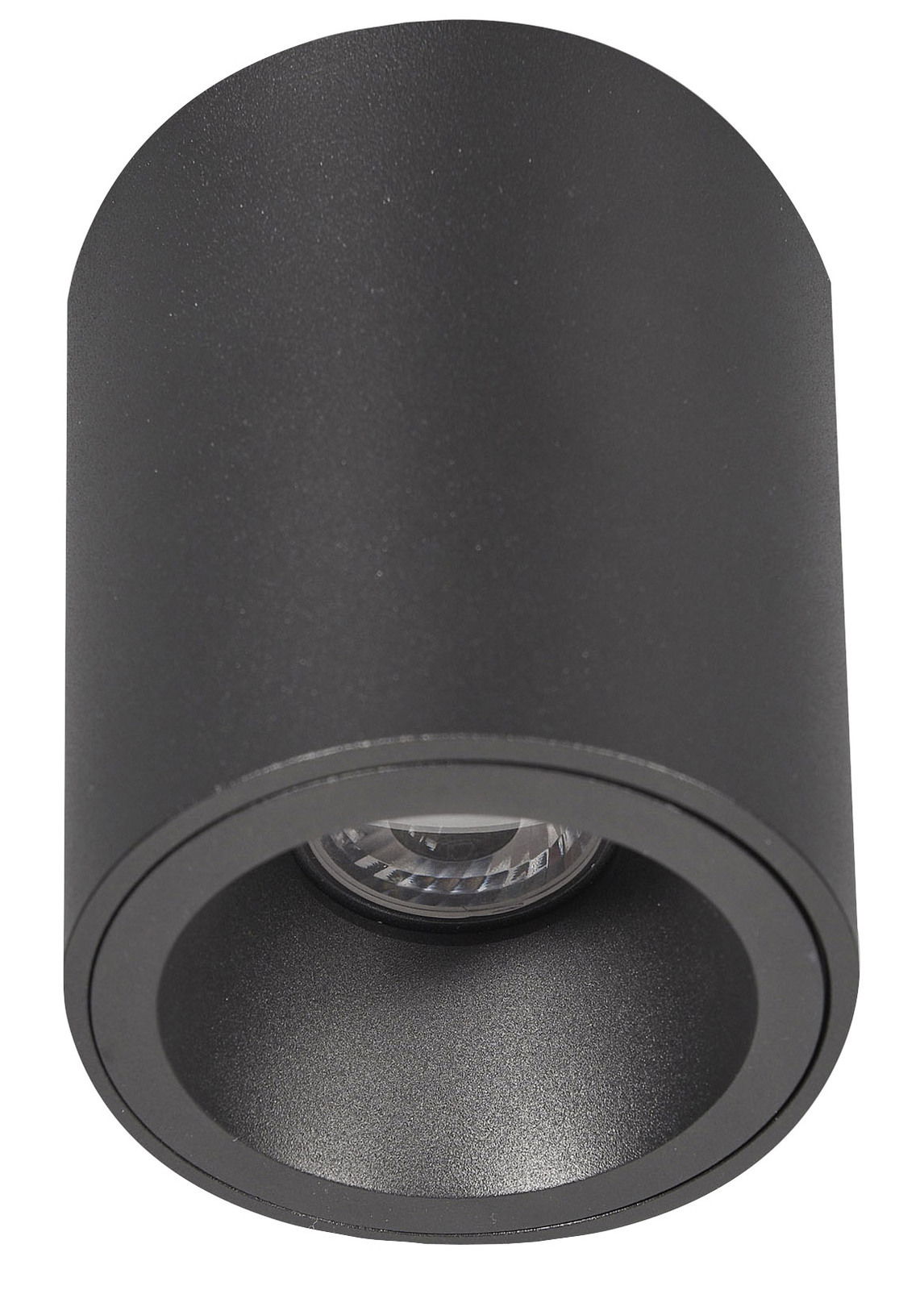 Fabas Luce Aufbauspot GUAMO Schwarzer zylindrischer Aufbauspot aus der Perspektive von unten, mit sichtbarem Leuchtmittel.
