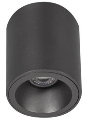 Schwarzer zylindrischer Aufbauspot aus der Perspektive von unten, mit sichtbarem Leuchtmittel.