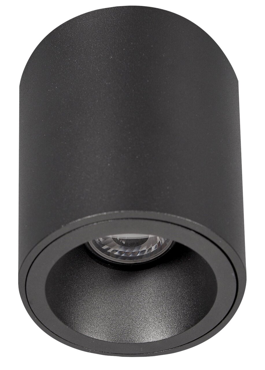 Zwarte cilindrische inbouwspot, gezien van onderaf, met zichtbare lamp.