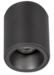 Zwarte cilindrische inbouwspot, gezien van onderaf, met zichtbare lamp.