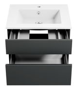 Moderne Badkombination mit weißem Waschbecken und zwei offenen Schubladen, Ansicht von vorne