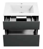 Moderne Badkombination mit weißem Waschbecken und zwei offenen Schubladen, Ansicht von vorne