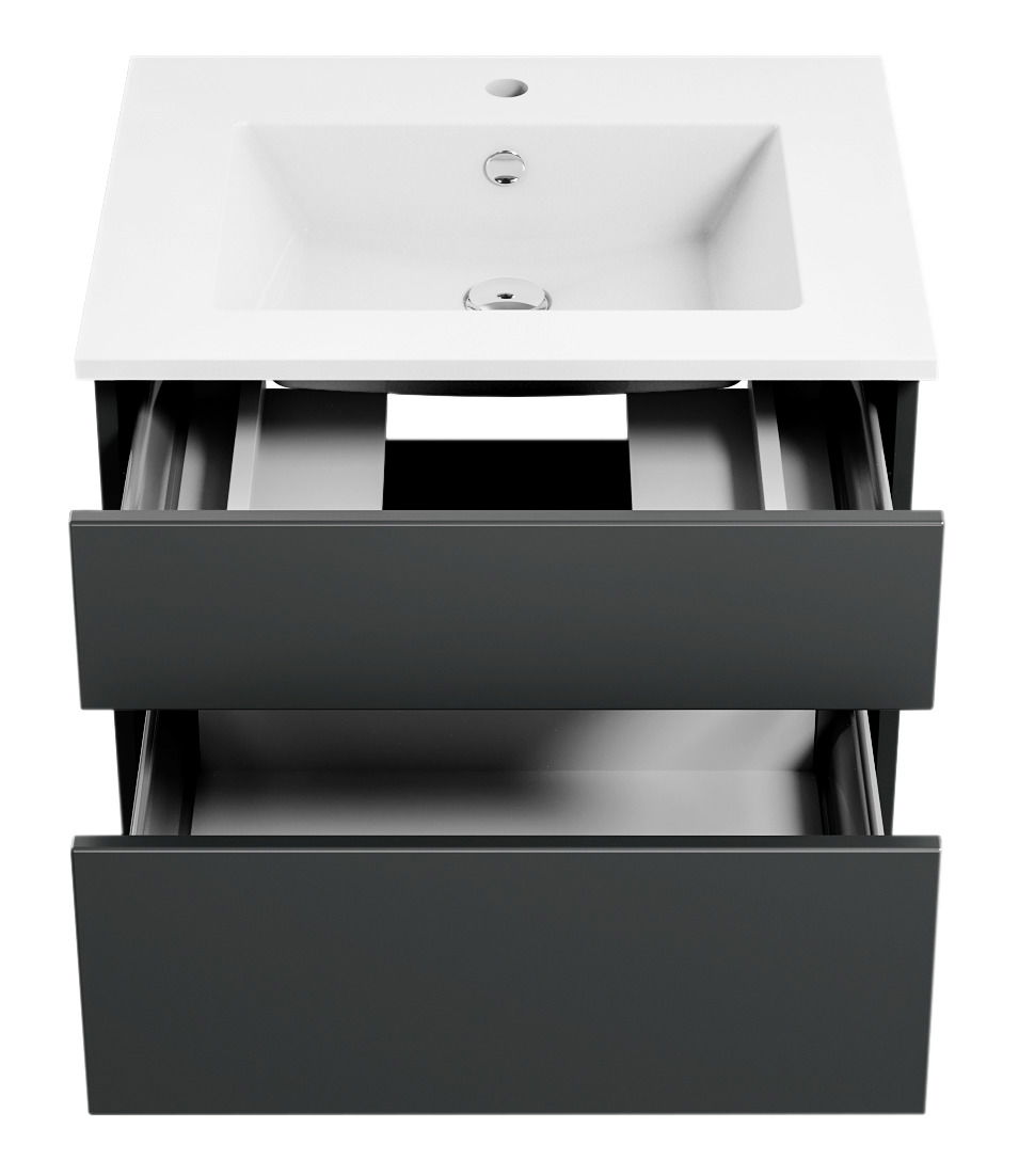 Moderne Badkombination mit weißem Waschbecken und zwei offenen Schubladen, Ansicht von vorne