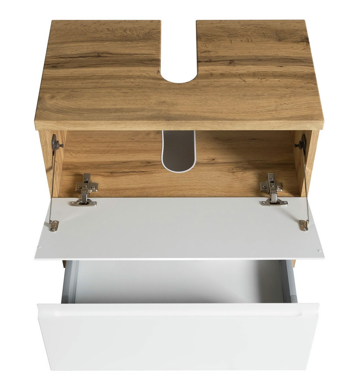 Waschbeckenunterschrank aus Holz mit geöffneter Schublade und Klappe, Ansicht von oben
