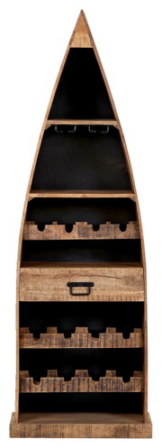 Regal in Bootsform aus Holz mit mehreren Ablagefächern und Flaschenhaltern, frontale Ansicht.
