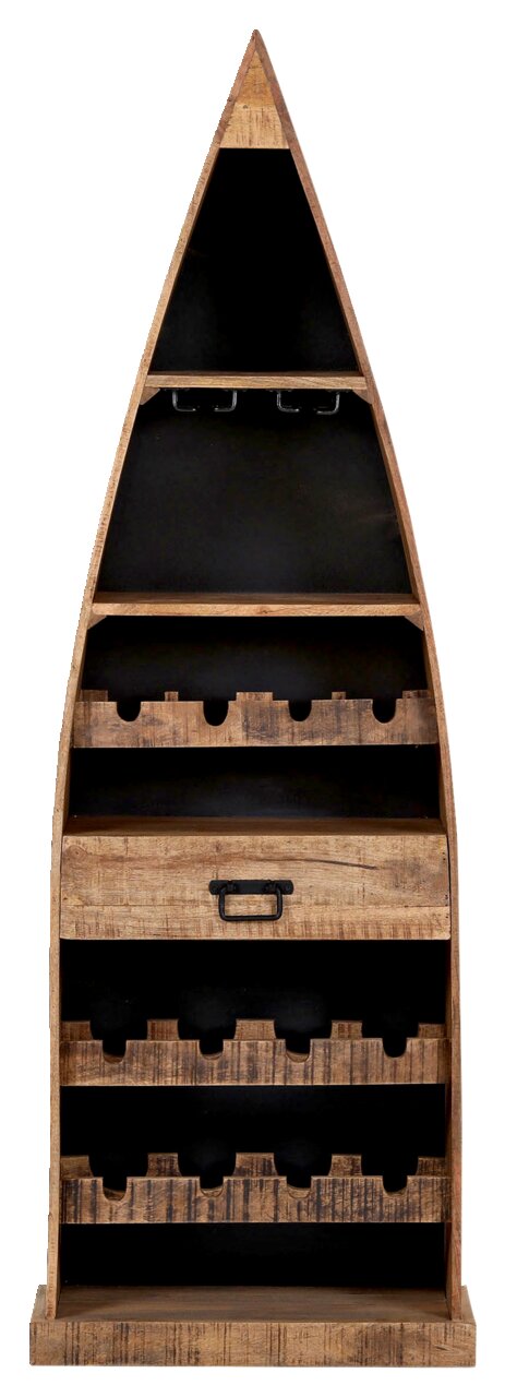 Regal in Bootsform aus Holz mit mehreren Ablagefächern und Flaschenhaltern, frontale Ansicht.