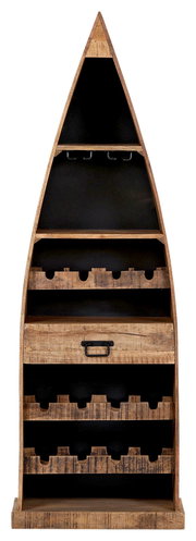 Regal in Bootsform aus Holz mit mehreren Ablagefächern und Flaschenhaltern, frontale Ansicht.