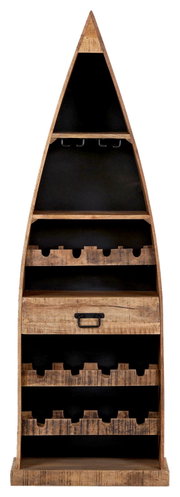 Regal in Bootsform aus Holz mit mehreren Ablagefächern und Flaschenhaltern, frontale Ansicht.
