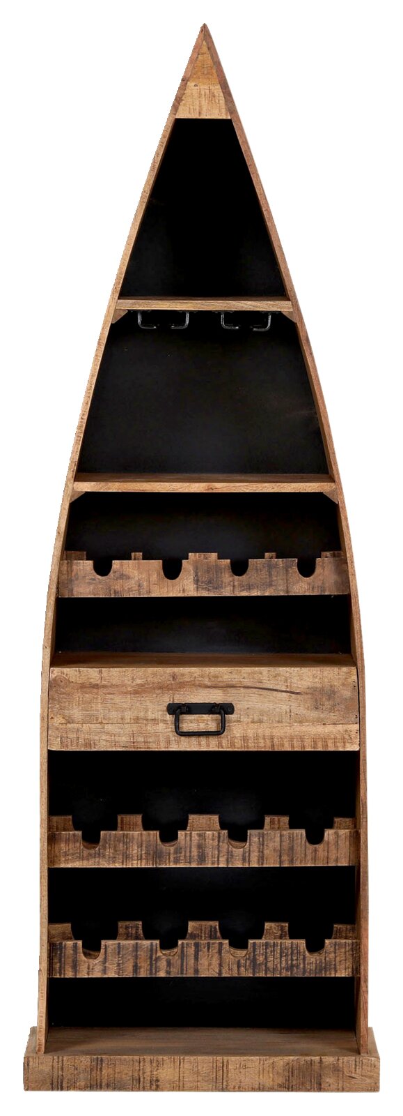 Regal in Bootsform aus Holz mit mehreren Ablagefächern und Flaschenhaltern, frontale Ansicht.