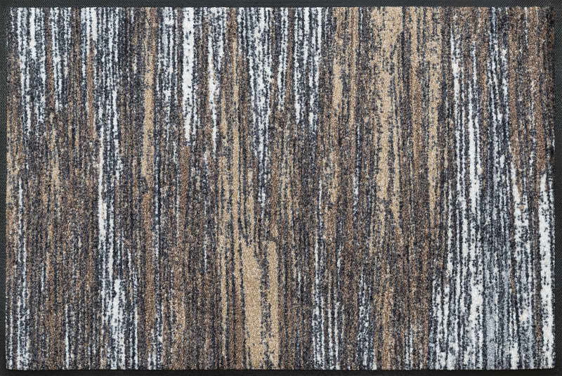 Fußmatte Scratchy beige mit vertikalen Streifen in Beige, Grau und Weiß, aus der Vogelperspektive.