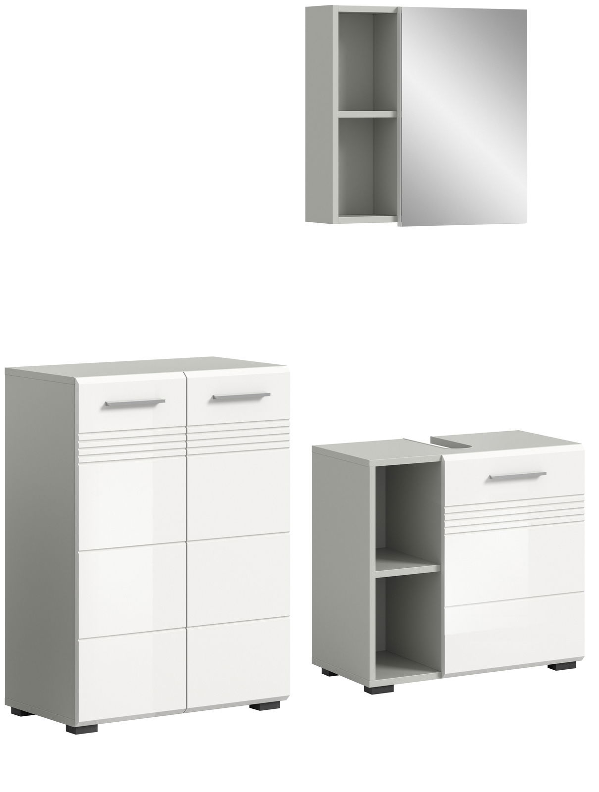 Moderne Badkombination bestehend aus einem Spiegelschrank, einem Hochschrank und einem Unterschrank, alle in weißem Hochglanzdesign, aus frontaler Perspektive.