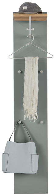Garderobenpaneel in Frontalansicht mit Hutablage, Kleiderhaken, Schal und Tasche.