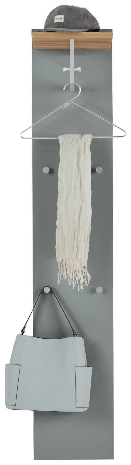 Dieter Knoll Garderobenpaneel breit/lang CORTINA Garderobenpaneel in Frontalansicht mit Hutablage, Kleiderhaken, Schal und Tasche.