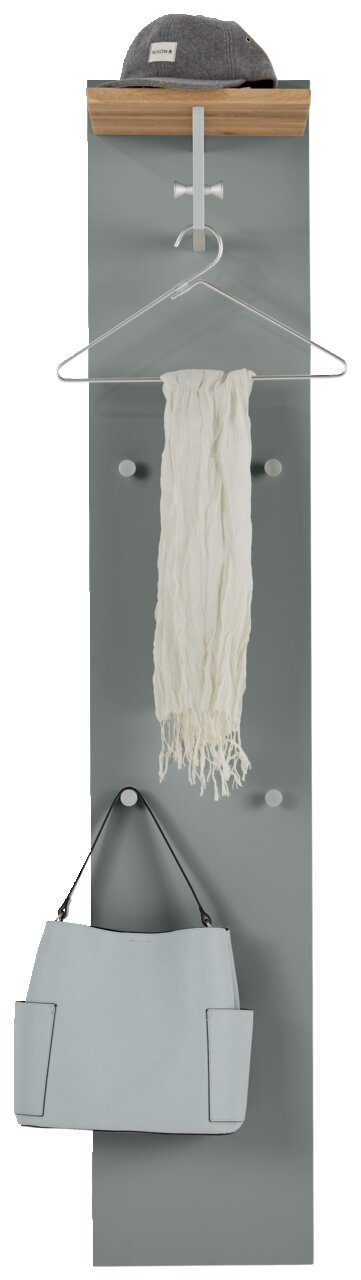 Dieter Knoll Garderobenpaneel breit/lang CORTINA Garderobenpaneel in Frontalansicht mit Hutablage, Kleiderhaken, Schal und Tasche.