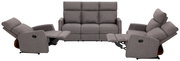 Graues Sofa-Set mit zwei Liegesesseln und einem 2er-Sofa, frontal und seitlich betrachtet.