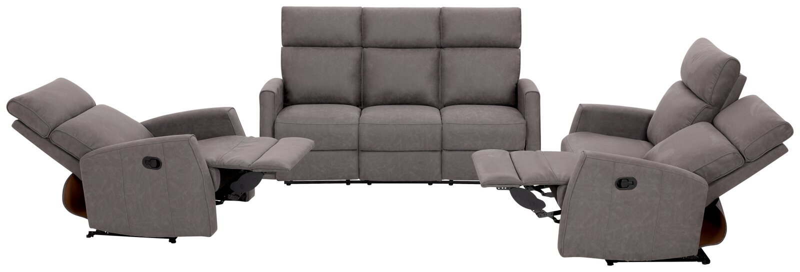 Graues Sofa-Set mit zwei Liegesesseln und einem 2er-Sofa, frontal und seitlich betrachtet.