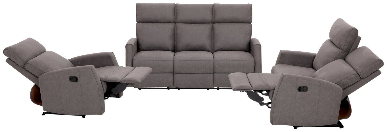 XORA Sofa 2er LIAN Graues Sofa-Set mit zwei Liegesesseln und einem 2er-Sofa, frontal und seitlich betrachtet.