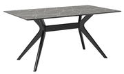 Moderner Esstisch mit schwarzer Marmoroptik-Tischplatte und eleganten schwarzen Beinen, seitliche Perspektive