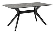Moderner Esstisch mit schwarzer Marmoroptik-Tischplatte und eleganten schwarzen Beinen, seitliche Perspektive