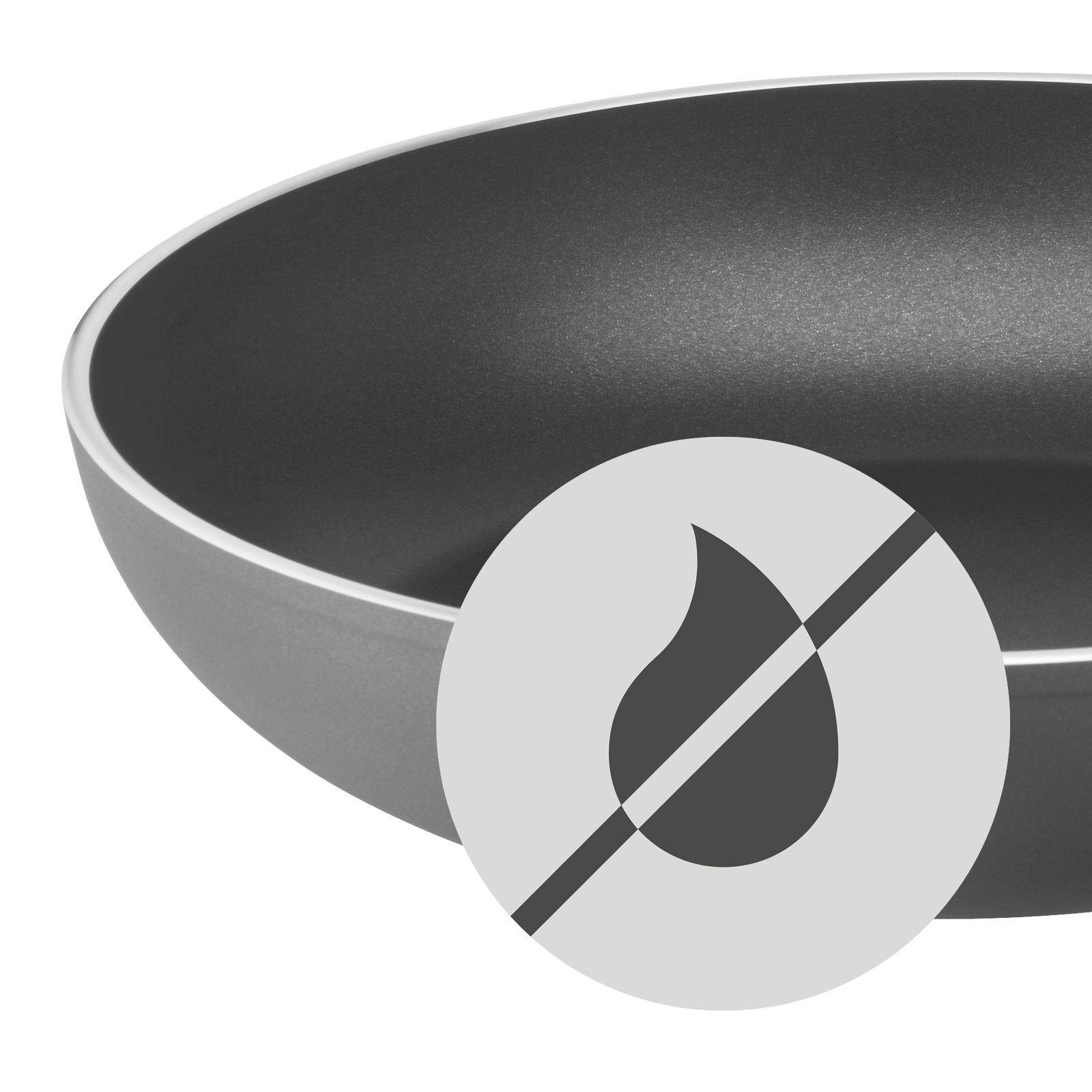 Nahaufnahme einer grauen Pfanne mit Antihaftbeschichtung, symbolisiert durch ein durchgestrichenes Tropfensymbol.