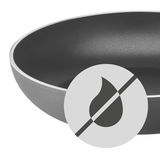 Nahaufnahme einer grauen Pfanne mit Antihaftbeschichtung, symbolisiert durch ein durchgestrichenes Tropfensymbol.