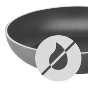 Nahaufnahme einer grauen Pfanne mit Antihaftbeschichtung, symbolisiert durch ein durchgestrichenes Tropfensymbol.