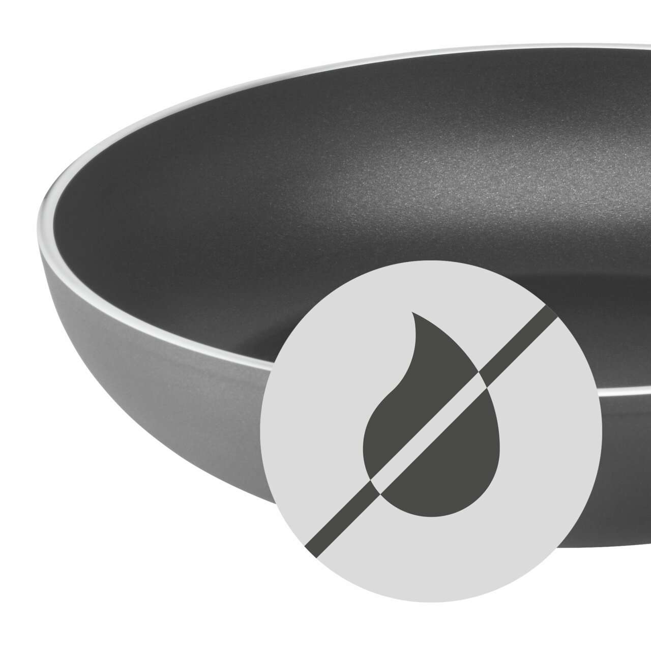 Nahaufnahme einer grauen Pfanne mit Antihaftbeschichtung, symbolisiert durch ein durchgestrichenes Tropfensymbol.