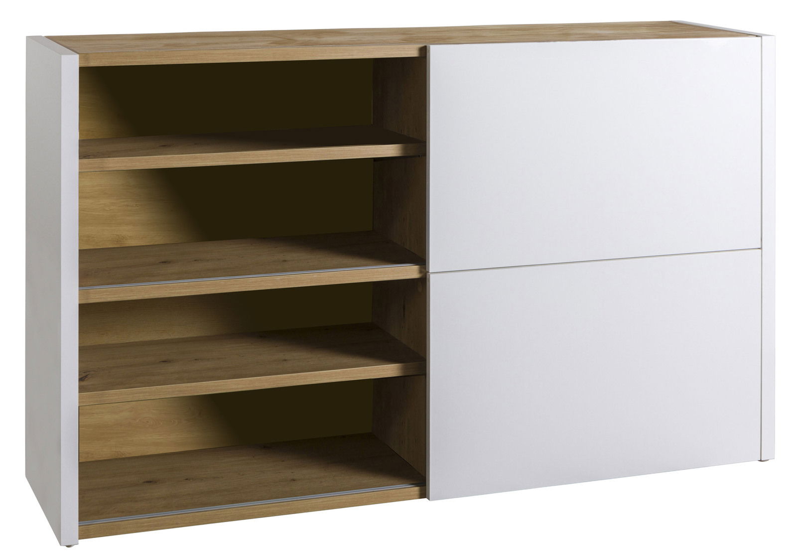 Modernes Sideboard mit weißer Front und offenen Holzregalen, seitliche Perspektive
