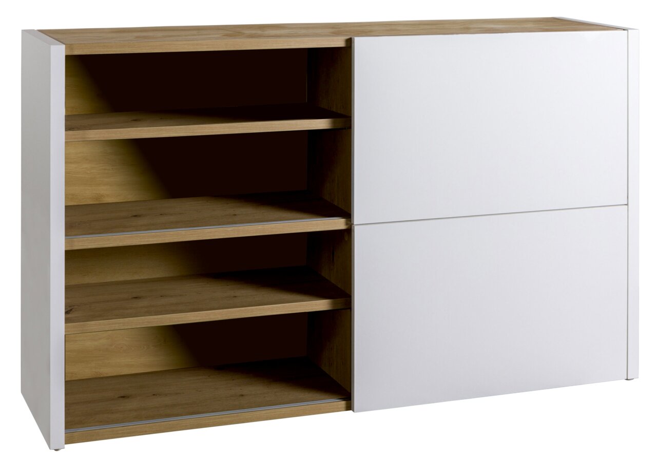 Modernes Sideboard mit weißer Front und offenen Holzregalen, seitliche Perspektive
