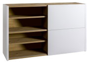 Modern dressoir met witte voorkant en open houten planken, zijaanzicht