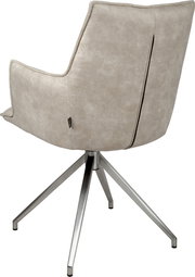 Beiger, gepolsterter Drehstuhl mit hoher Rückenlehne und Armlehnen, Metall-Sternfuß, Ansicht schräg von hinten/seitlich.