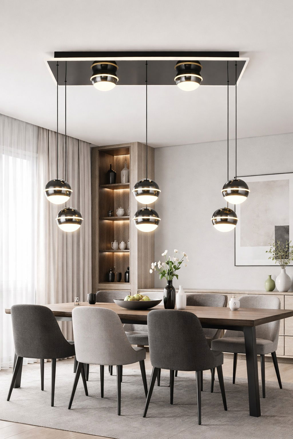 Moderne LED-Pendelleuchte über einem Esstisch, seitliche Perspektive